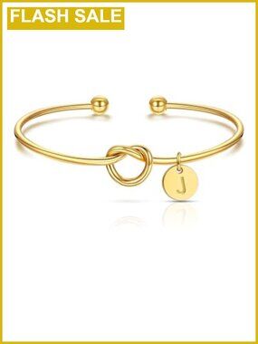 Gold Initial Name Knot Charm Cuff Bracelet Adjustable Stainless Steel